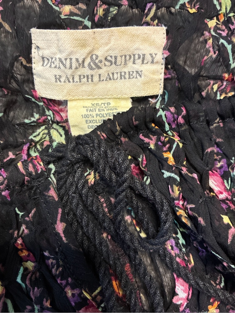 Denim & Supply Ralph Lauren Black Floral Smocked Slip with Multicolor Blooms